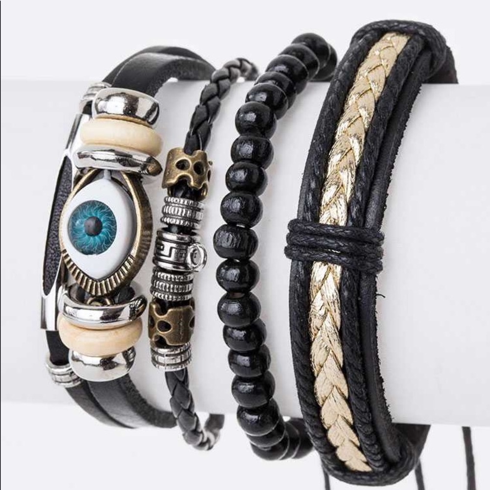 Black Genuine Leather Evil Eye Beads Stacking Bracelet